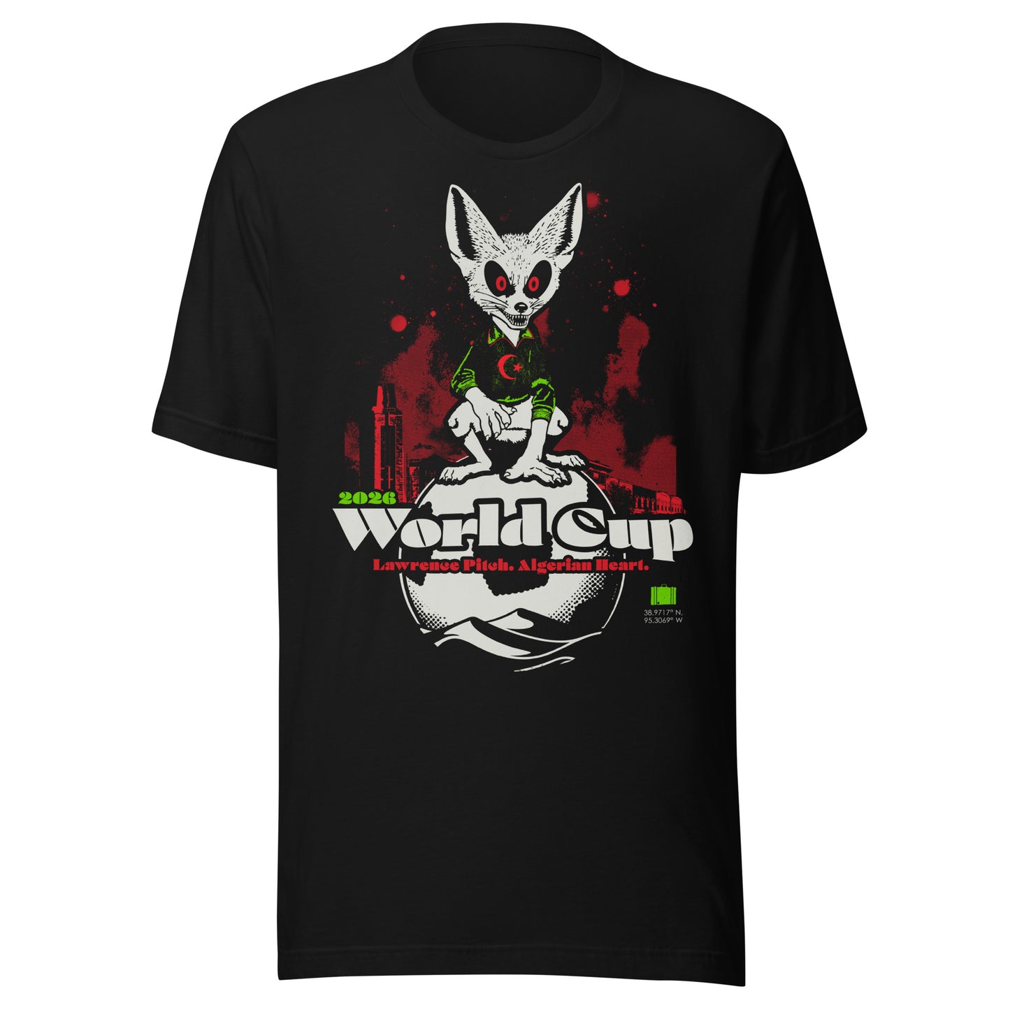 Black t-shirt graphic featuring a fennec fox in an Algerian soccer jersey perched on a soccer ball with the Lawrence Kansas skyline and red smoke in the background. Text reads World Cup 2026, Lawrence Pitch, Algerian Heart.