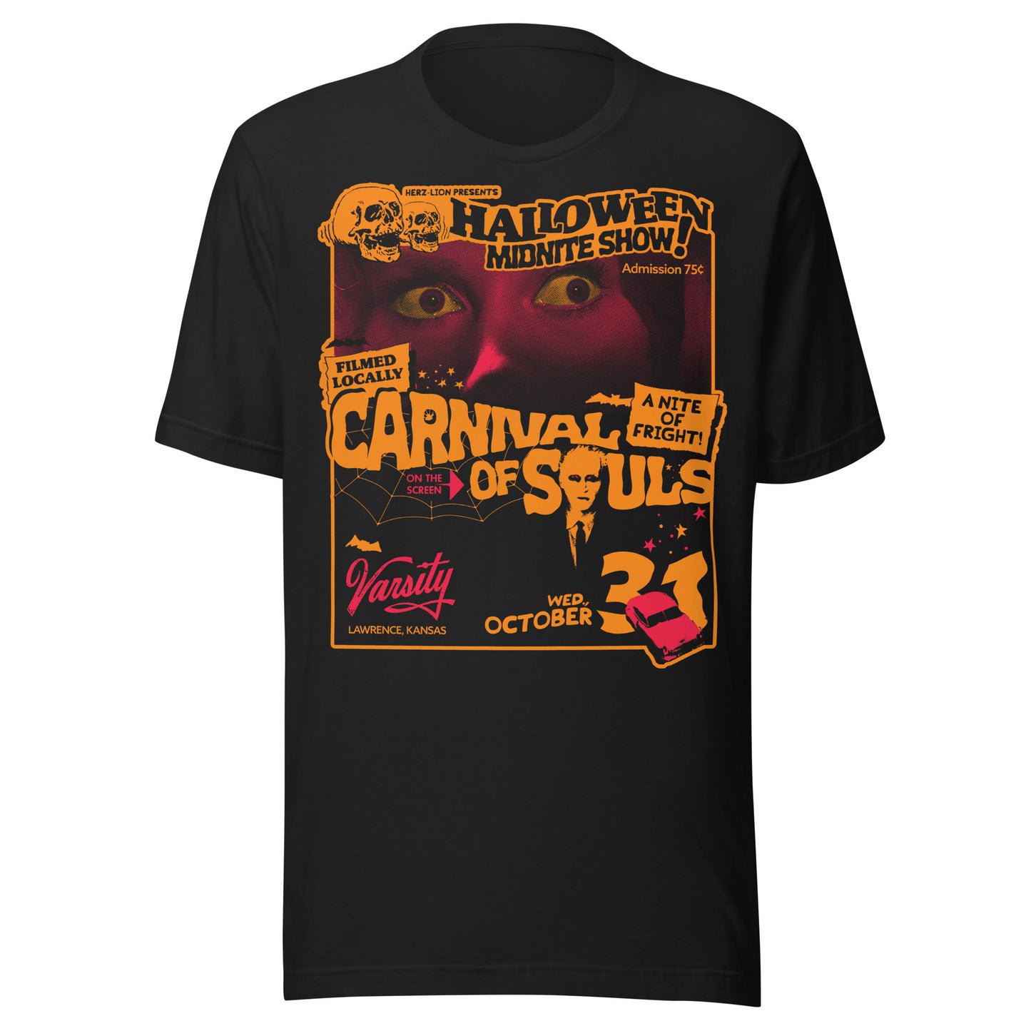 Black T-shirt designed like a vintage horror movie poster, featuring orange and red graphics promoting a Halloween midnite show of “Carnival of Souls,” filmed in Lawrence, Kansas.