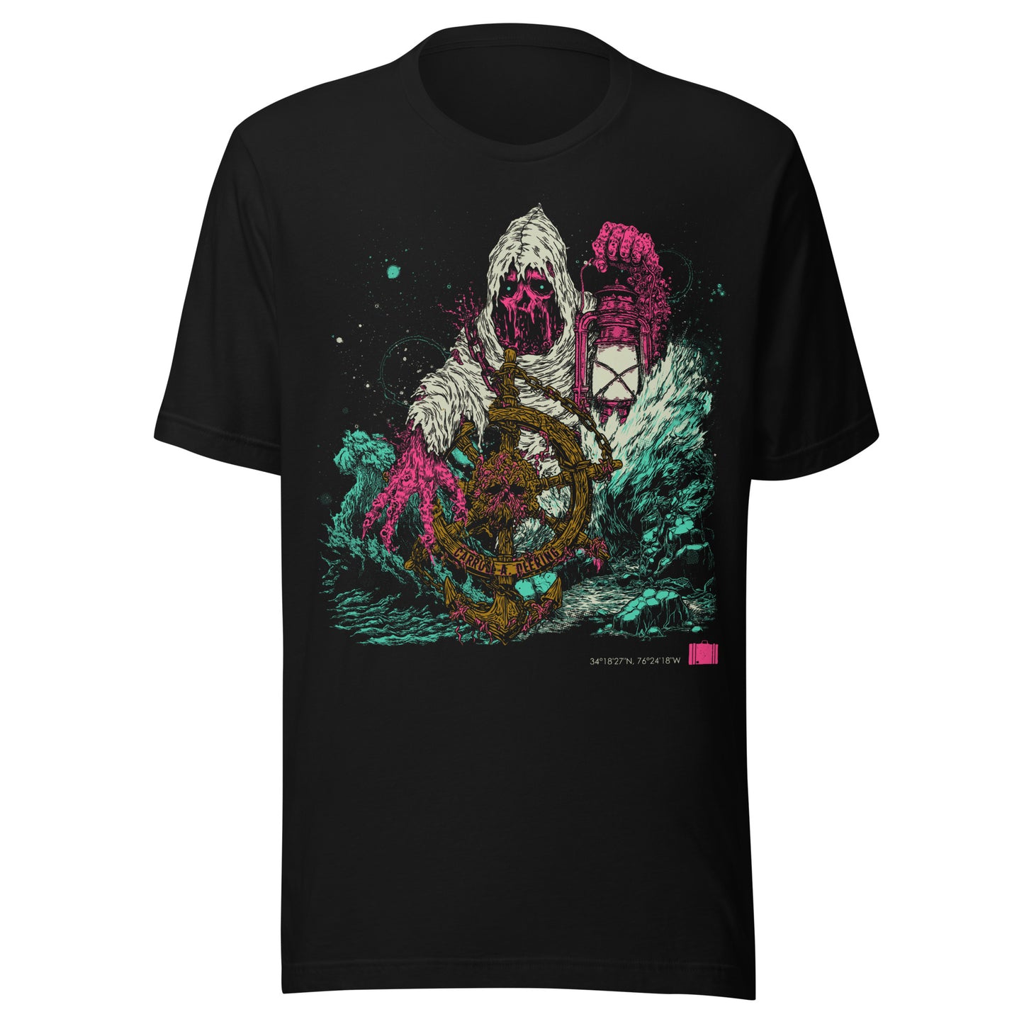 Horror art t-shirt featuring a skeletal phantom helmsman gripping the wheel of the Carroll A. Deering ghost ship, surrounded by crashing waves and tentacles, with Cape Hatteras coordinates, on black.