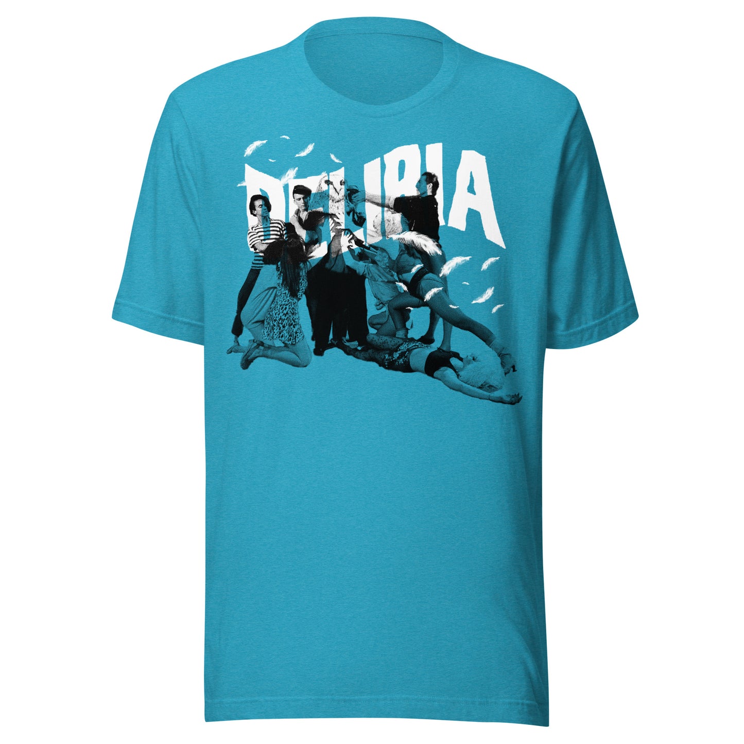 T-shirt featuring a black-and-white collage of chaotic theatrical figures and dancers beneath bold white text reading “DELIRIA,” with flying feathers evoking a surreal giallo horror scene.
