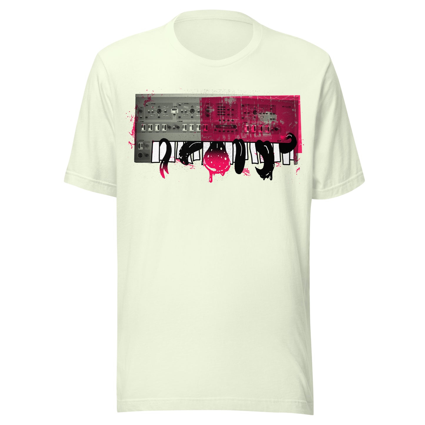 T-shirt featuring a vintage synthesizer with dripping, melting piano keys and dark abstract forms, blending horror and retro electronic music design.