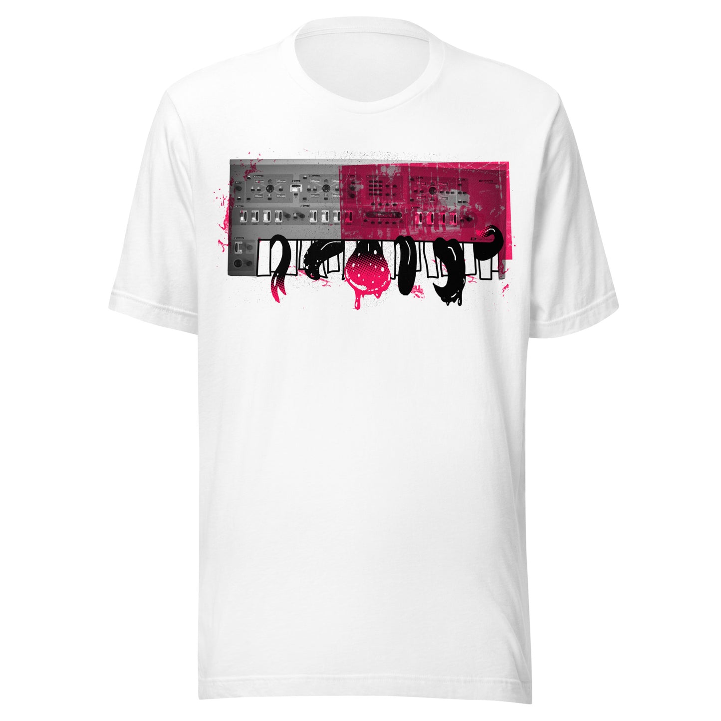 T-shirt featuring a vintage synthesizer with dripping, melting piano keys and dark abstract forms, blending horror and retro electronic music design.