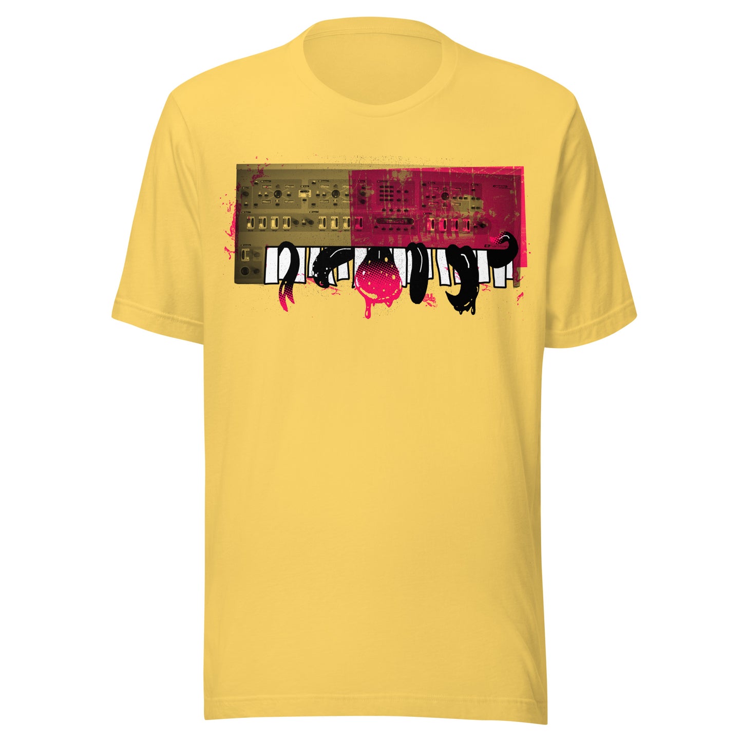 T-shirt featuring a vintage synthesizer with dripping, melting piano keys and dark abstract forms, blending horror and retro electronic music design.