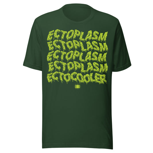 T-shirt with repeating lime-green slime-text reading “Ectoplasm” multiple times, ending with “Ectocooler” in drippy retro horror type.
