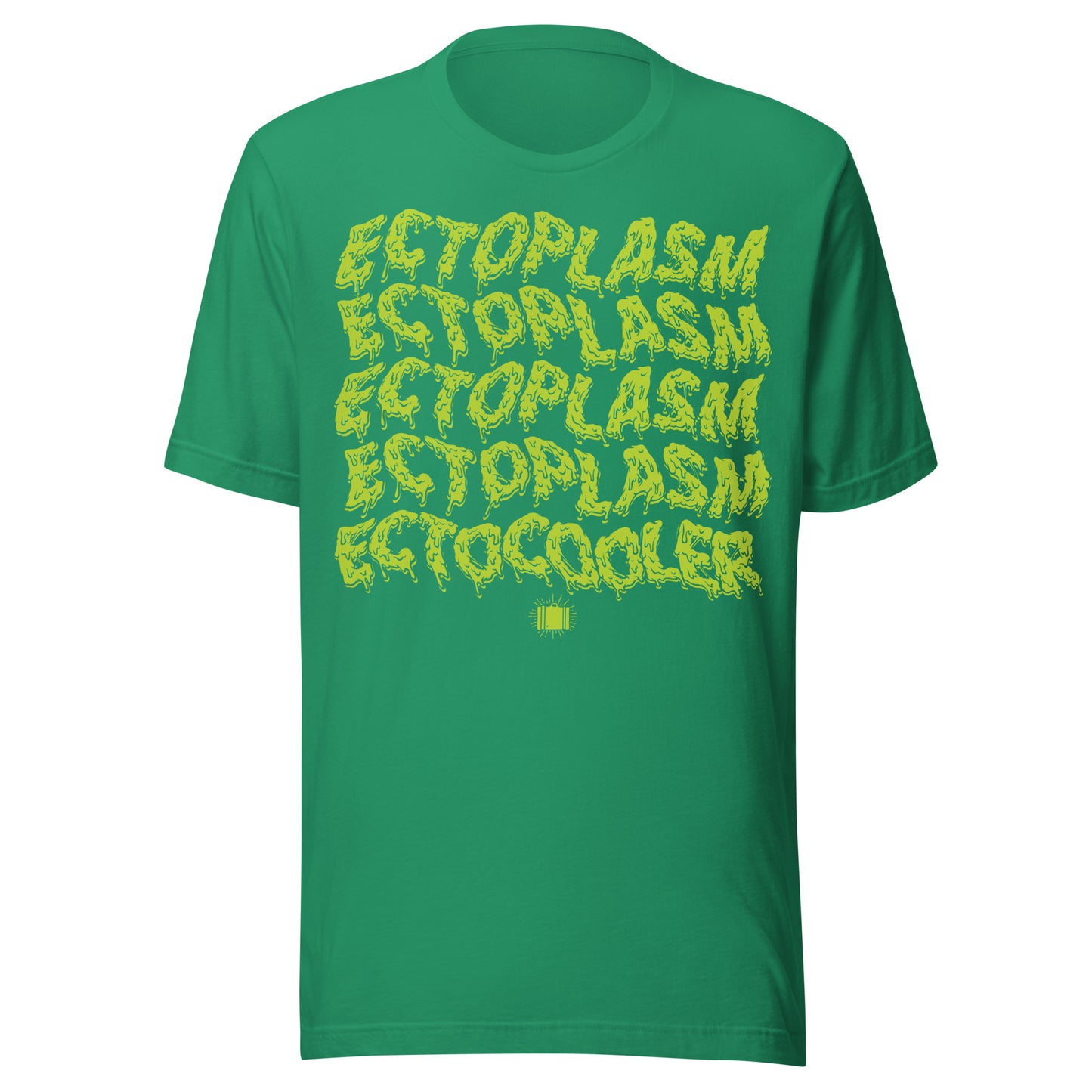 T-shirt with repeating lime-green slime-text reading “Ectoplasm” multiple times, ending with “Ectocooler” in drippy retro horror type.