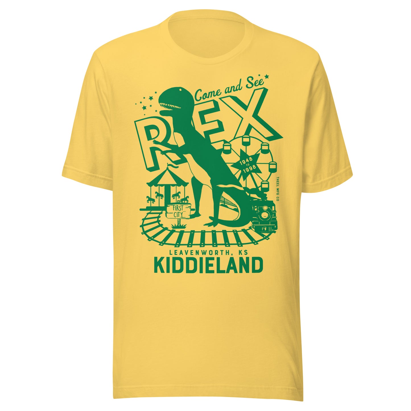 T-shirt featuring a retro green graphic of a dinosaur named Rex, a Ferris wheel, train tracks, and the text “Come and See Rex – Kiddieland – Leavenworth, KS – 1948–1998.”
