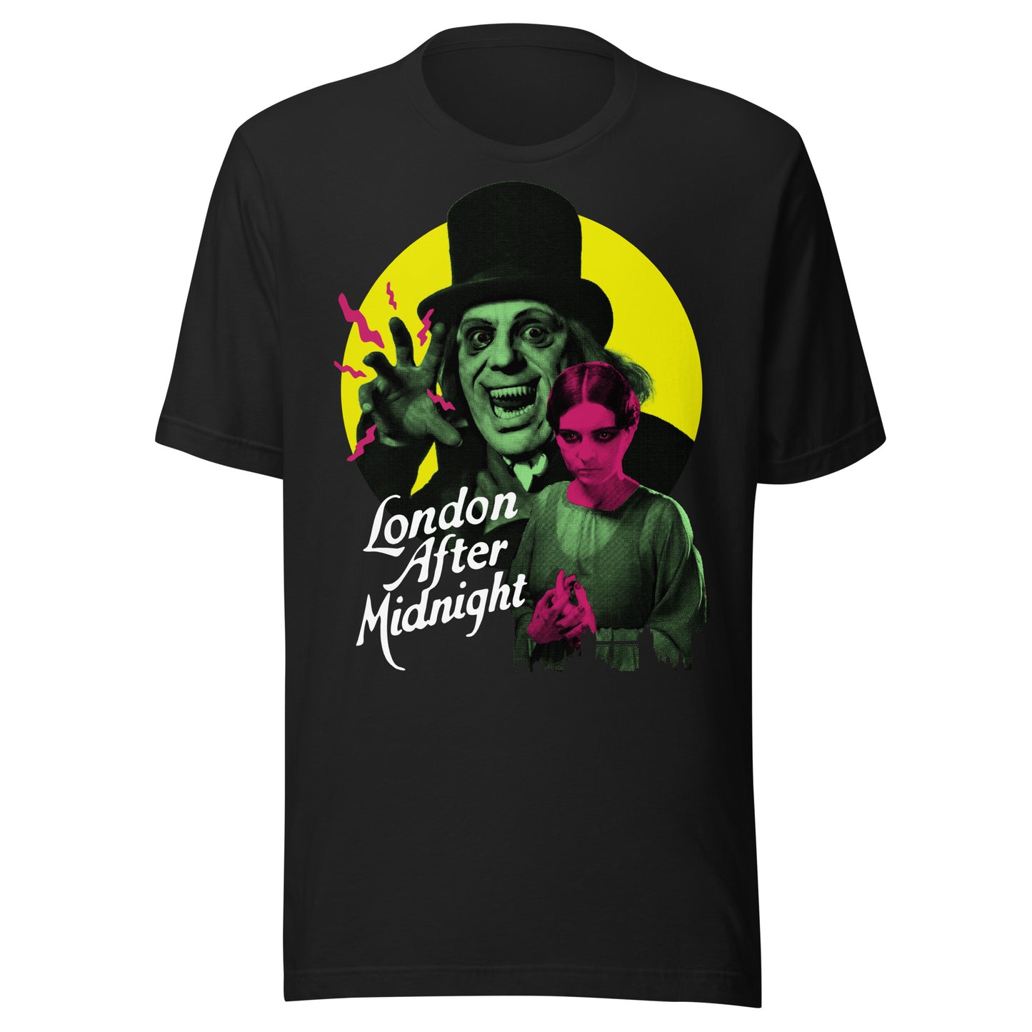 London After Midnight horror T-shirt featuring Lon Chaney in a bold, retro design with eerie neon colors