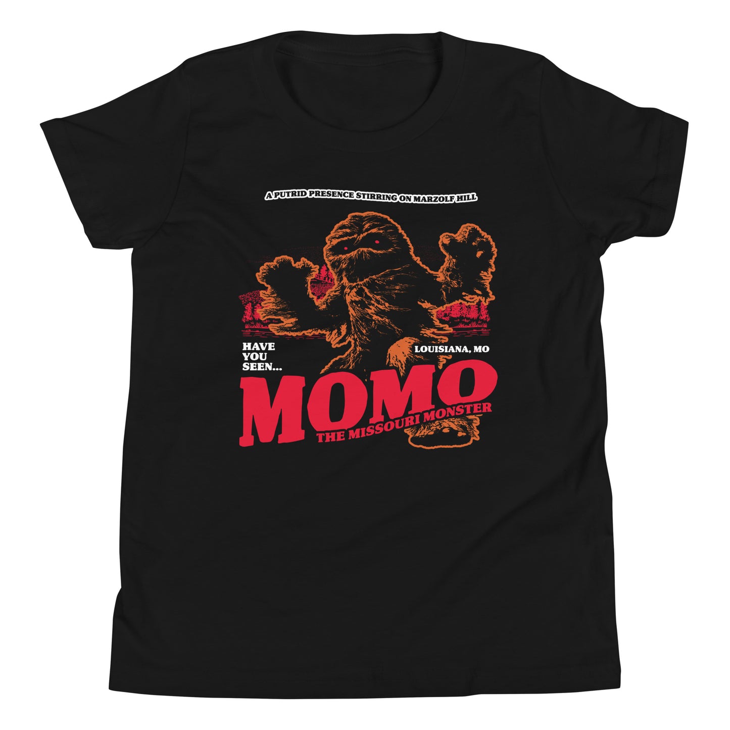 Youth-size Momo T-shirt from SleepOver, featuring Missouri’s 1972 cryptid sighting at Marzolf Hill.
