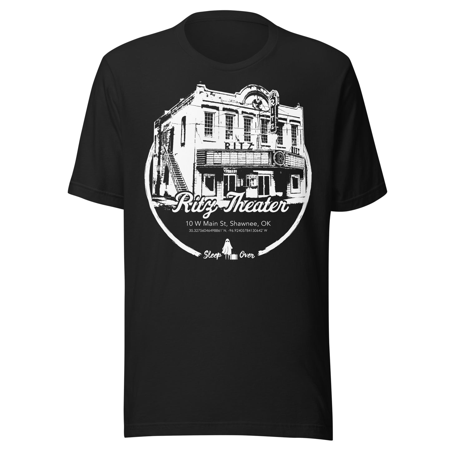 Black T-shirt with a white illustrated image of the historic Ritz Theater in Shawnee, Oklahoma—believed to be haunted by the ghost of a projectionist. Includes address, coordinates, and Sleep Over ghost branding.