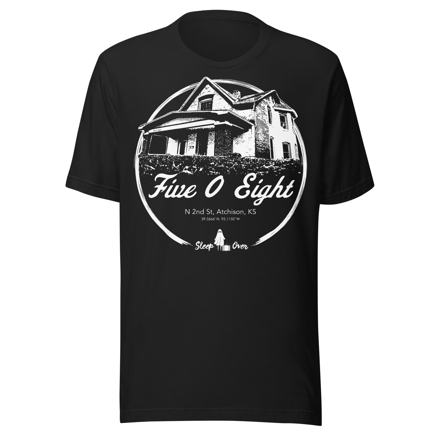 Black T-shirt featuring a white illustration of the Sallie House in Atchison, Kansas, with the address “Five O Eight – N 2nd St” and coordinates beneath. Sleep Over ghost logo at the bottom.