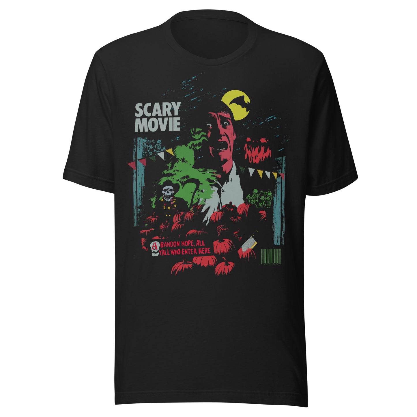 Illustrated horror T-shirt design inspired by the 1991 film Scary Movie, featuring Warren surrounded by pumpkins, ghosts, and a knife-wielding threat under a full moon.
