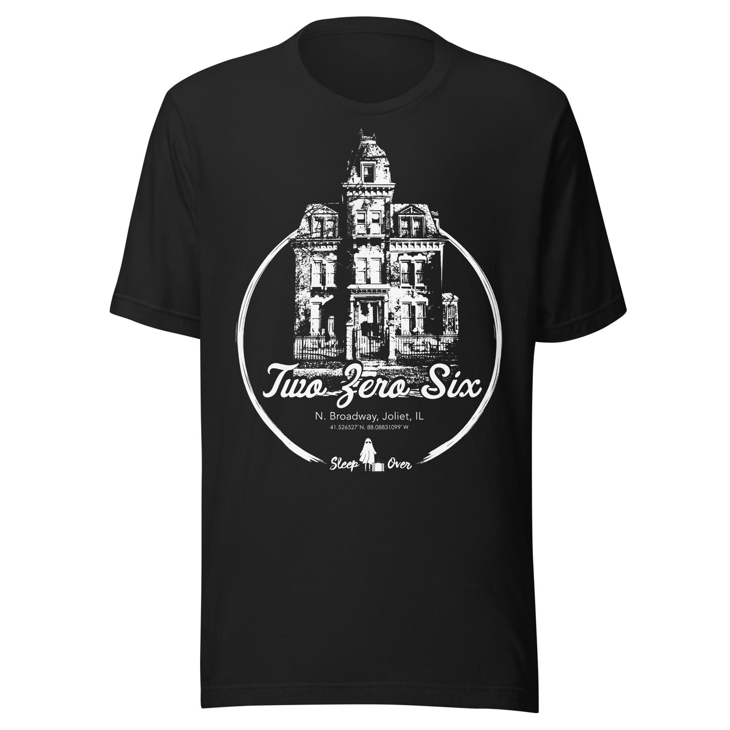 Black T-shirt with a white illustration of Scutt Mansion in Joliet, IL, featuring the words “Two Zero Six” and coordinates for 206 N. Broadway. Ghost icon and Sleep Over branding at the bottom.