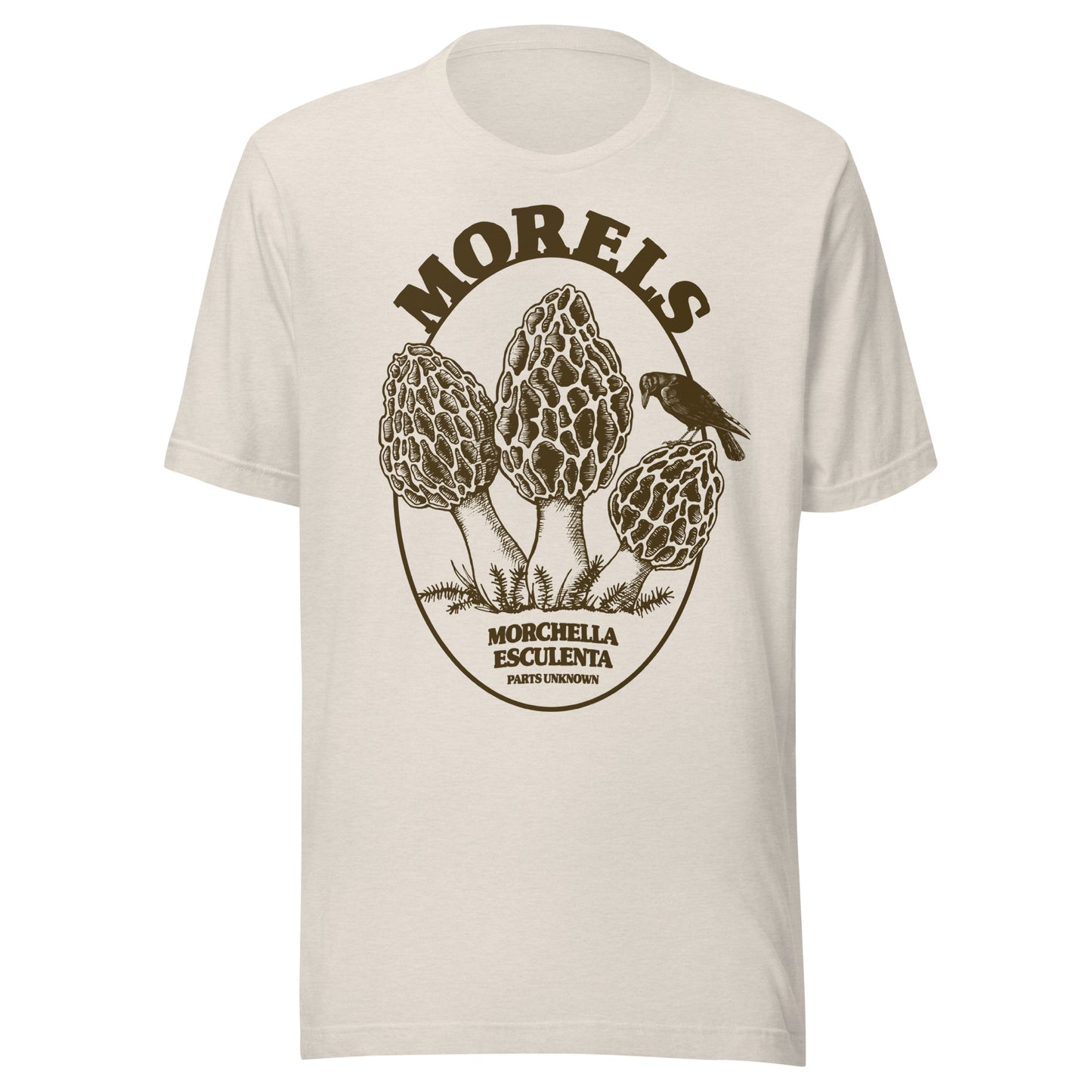 Cream morel mushroom investigation t-shirt inspired by patience, the woods, and things that don’t want to be found
