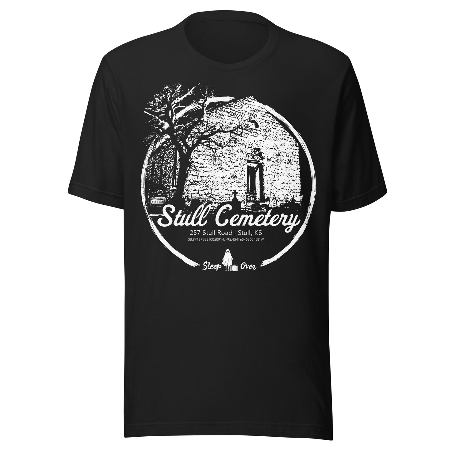 Black T-shirt with a white illustration of the crumbling church ruins at Stull Cemetery in Stull, Kansas—rumored to be one of the seven gateways to hell. Includes the address and coordinates with Sleep Over ghost branding below.