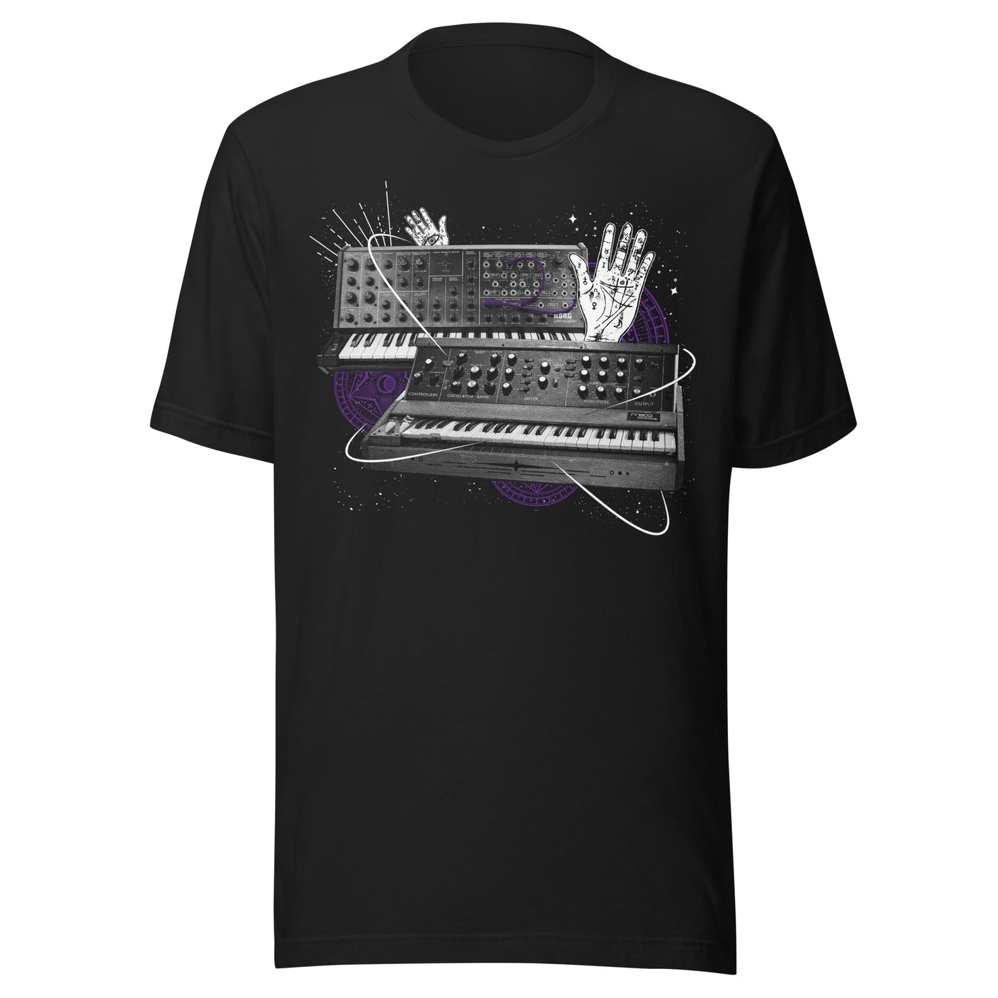 Black T-shirt featuring vintage synthesizers surrounded by cosmic stars, arcane symbols, and a pair of palmistry-marked hands, evoking a mystical electronic ritual.