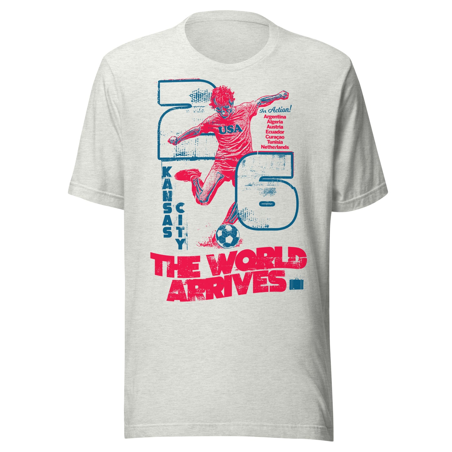 Commemorative Kansas City 2026 World Cup match shirt by SleepOver — The World Arrives design with global football energy.
