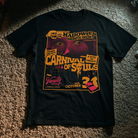 Black tee with a vintage 'Carnival of Souls' Halloween movie poster design, Varsity Theatre Lawrence Kansas, SleepOver Clothing.