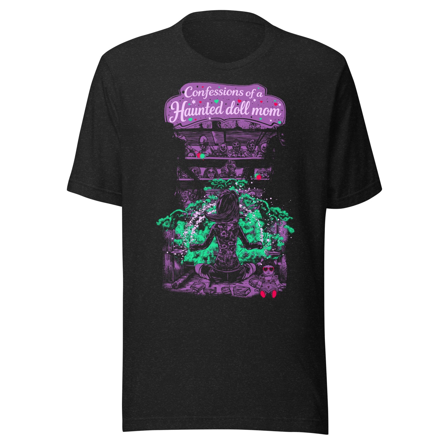 Front view of SleepOver x Confessions of a Haunted Doll Mom t-shirt featuring haunted doll ritual artwork in purple and green paranormal illustration.