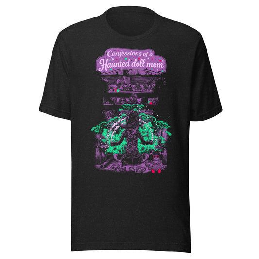 Front view of SleepOver x Confessions of a Haunted Doll Mom t-shirt featuring haunted doll ritual artwork in purple and green paranormal illustration.