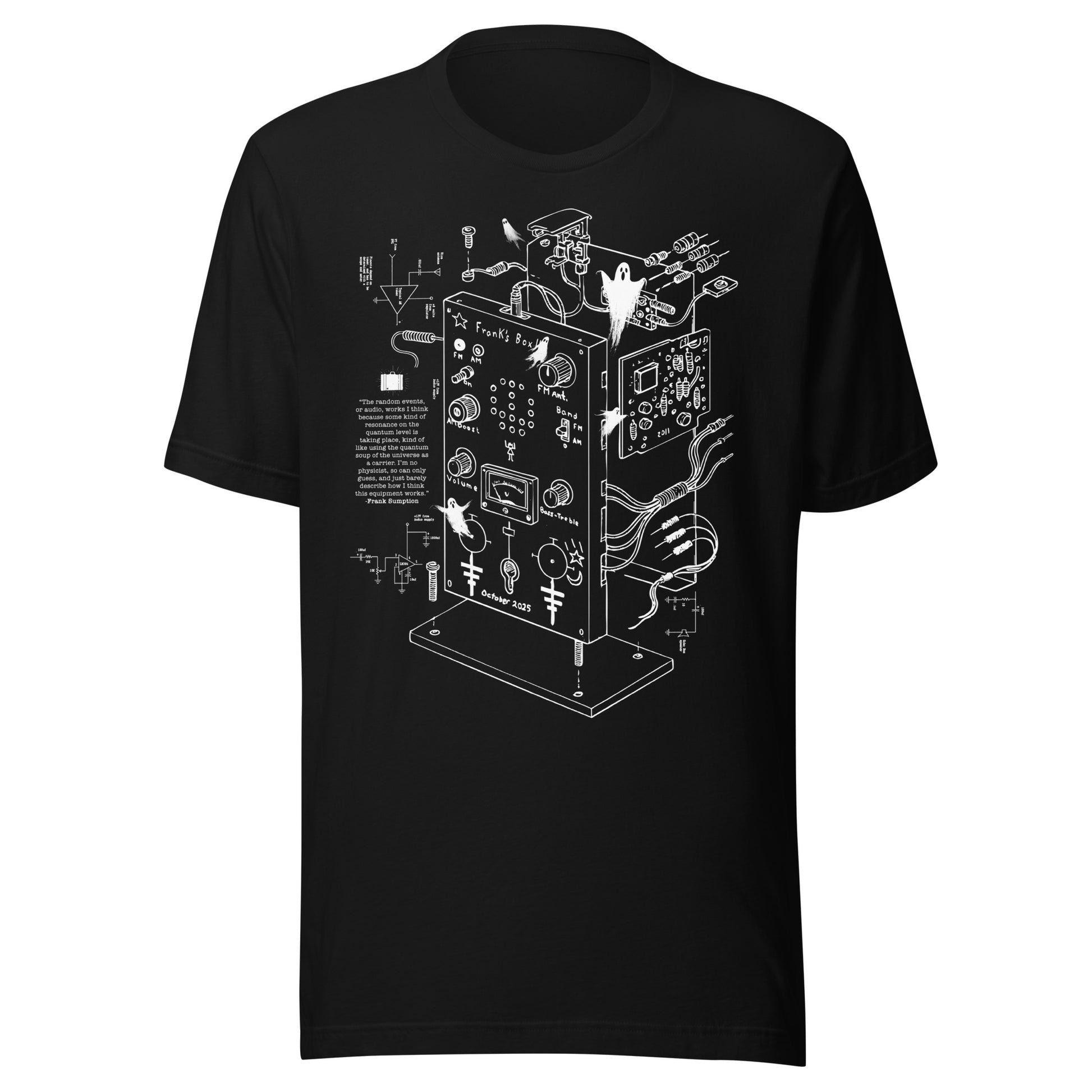 Exploded diagram of Frank’s Box spirit communication device with ghostly details, white technical line art on black T-shirt by SleepOver Clothing.