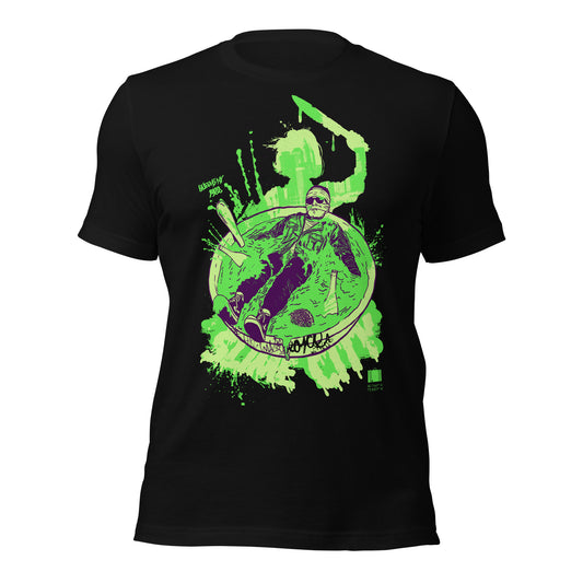 Black graphic t-shirt featuring a wrapped figure submerged in a green slime vat with a city skyline silhouette, Queens NY 1988, in green and purple on black.