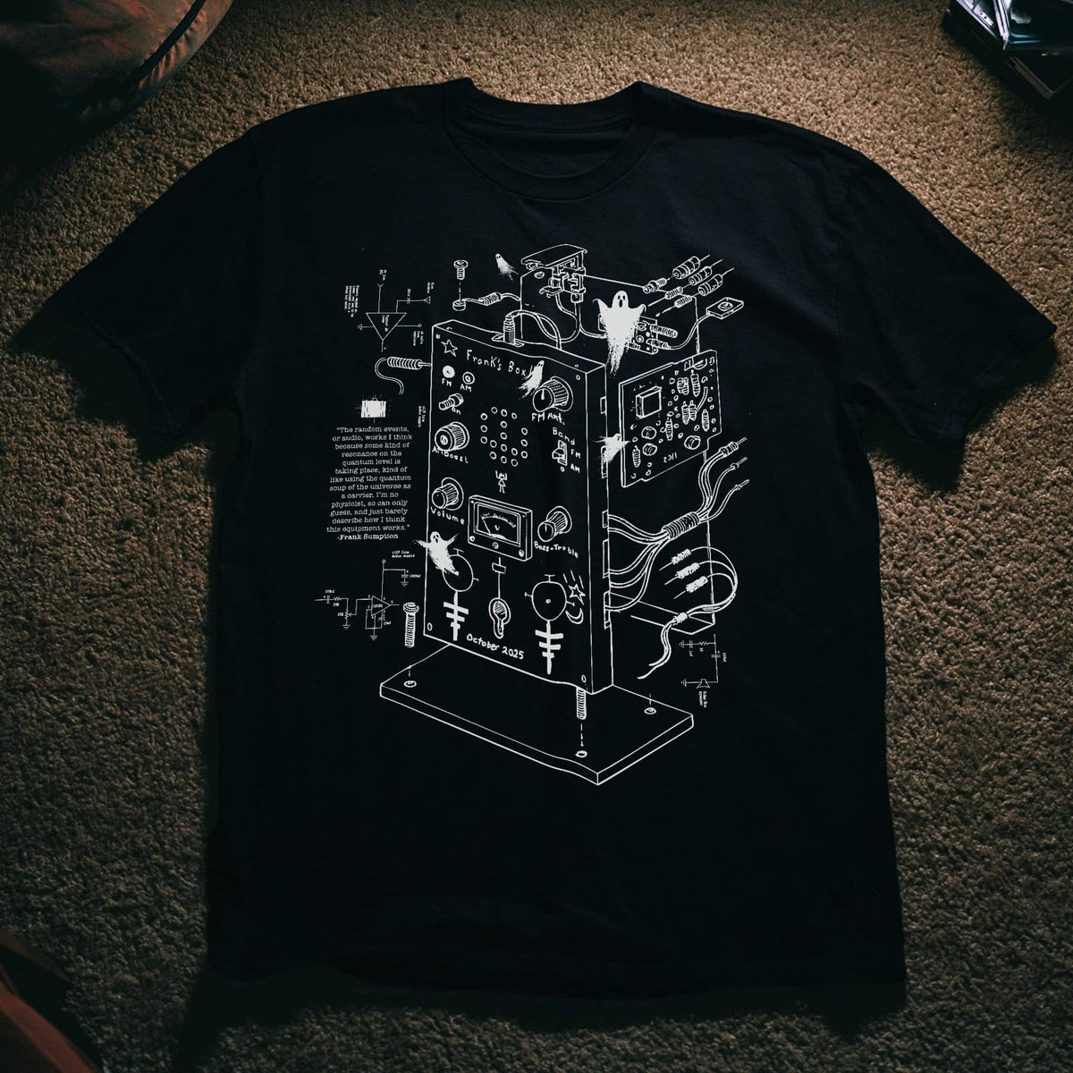 Exploded diagram of Frank’s Box spirit communication device with ghostly details, white technical line art on black T-shirt by SleepOver Clothing.