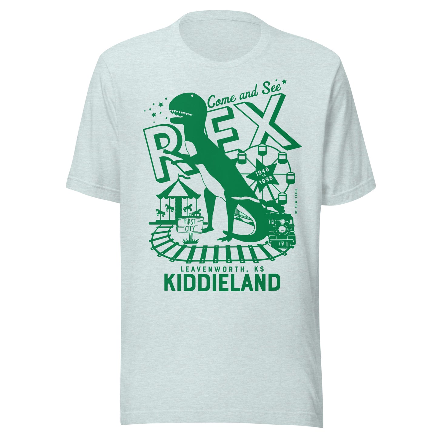 T-shirt featuring a retro green graphic of a dinosaur named Rex, a Ferris wheel, train tracks, and the text “Come and See Rex – Kiddieland – Leavenworth, KS – 1948–1998.”