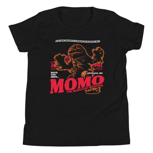 Youth-size Momo T-shirt from SleepOver, featuring Missouri’s 1972 cryptid sighting at Marzolf Hill.