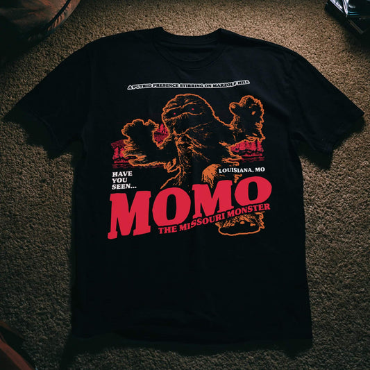 Momo cryptid T-shirt by SleepOver featuring Missouri’s 1972 monster sighting near Marzolf Hill.