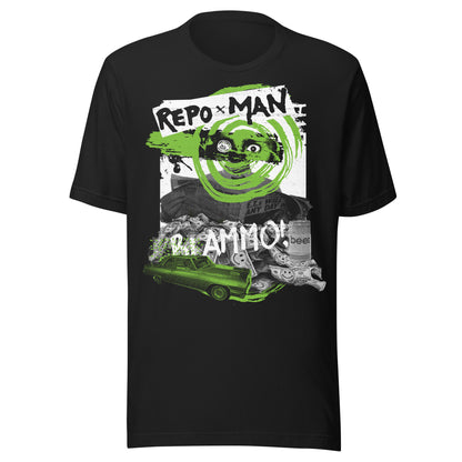 Black T-shirt featuring a chaotic collage from the film Repo Man, including a hypnotic green spiral, neon car, “BLAMMO!” text, smiling money, and a can of generic beer.