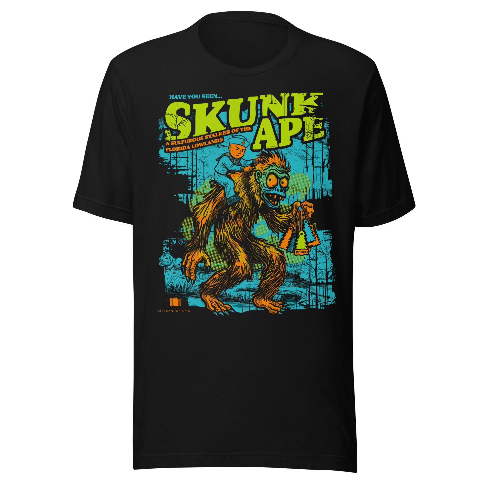 Skunk Ape graphic t-shirt featuring Florida's cryptid legend with a sailor boy riding on its back and a Robert the Doll cameo