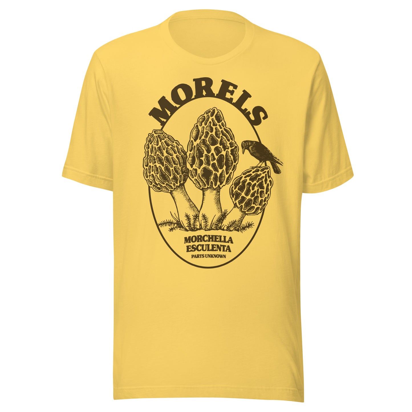 Yellow morel mushroom t-shirt inspired by quiet woods, paranormal investigations, and hidden discoveries