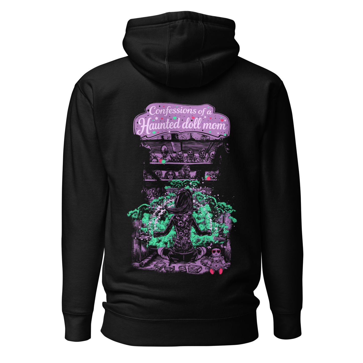 Back view of SleepOver x Confessions of a Haunted Doll Mom hoodie showing full haunted doll ritual artwork with shelves of dolls and green spectral energy.