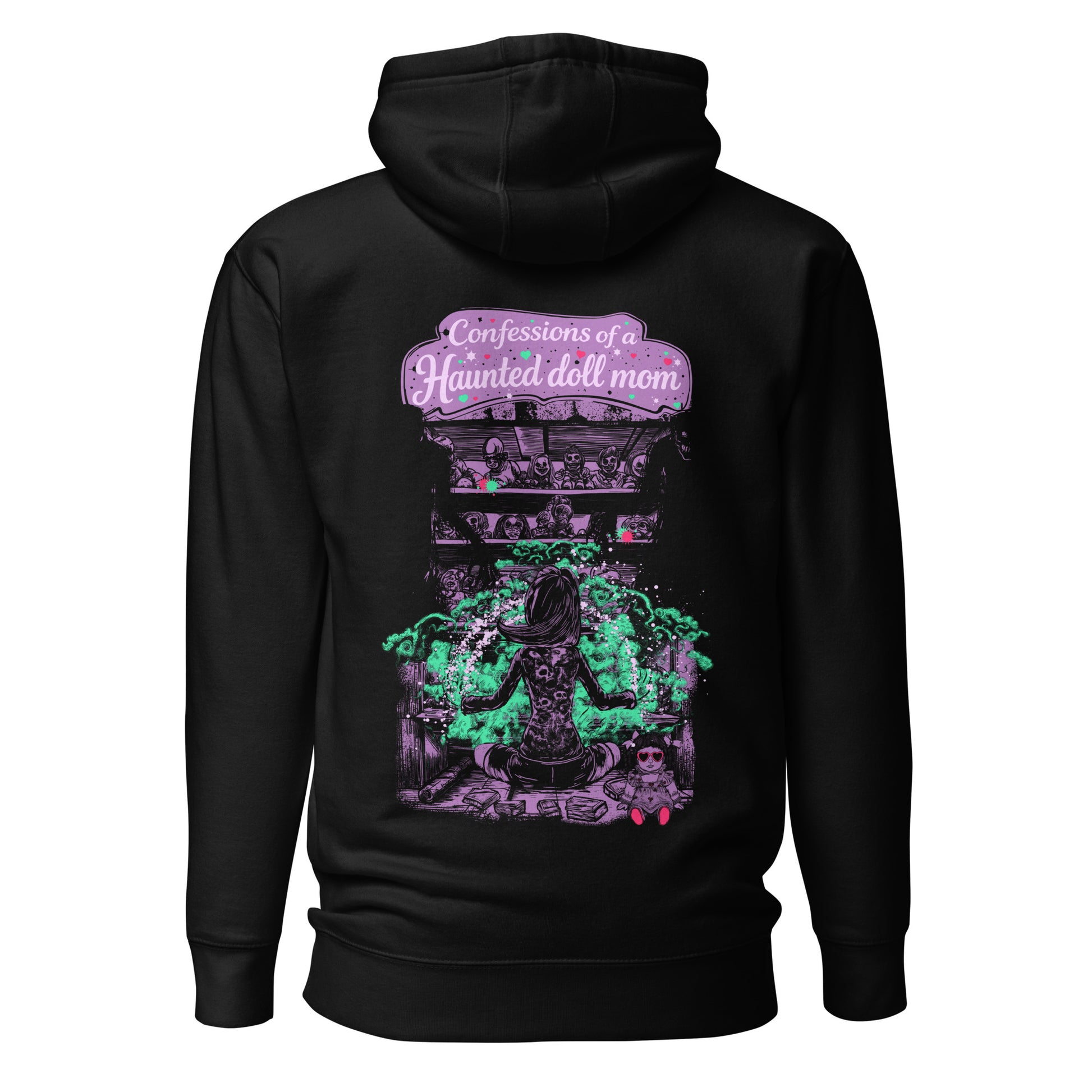 Back view of SleepOver x Confessions of a Haunted Doll Mom hoodie showing full haunted doll ritual artwork with shelves of dolls and green spectral energy.