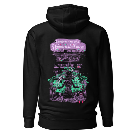 Back view of SleepOver x Confessions of a Haunted Doll Mom hoodie showing full haunted doll ritual artwork with shelves of dolls and green spectral energy.