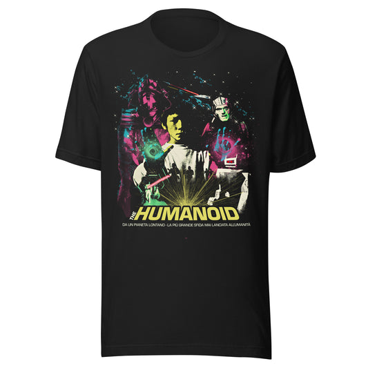 Retro sci-fi t-shirt featuring a colorful collage from the 1979 cult film The Humanoid, with neon laser blasts, space warriors, and vintage VHS-style graphics