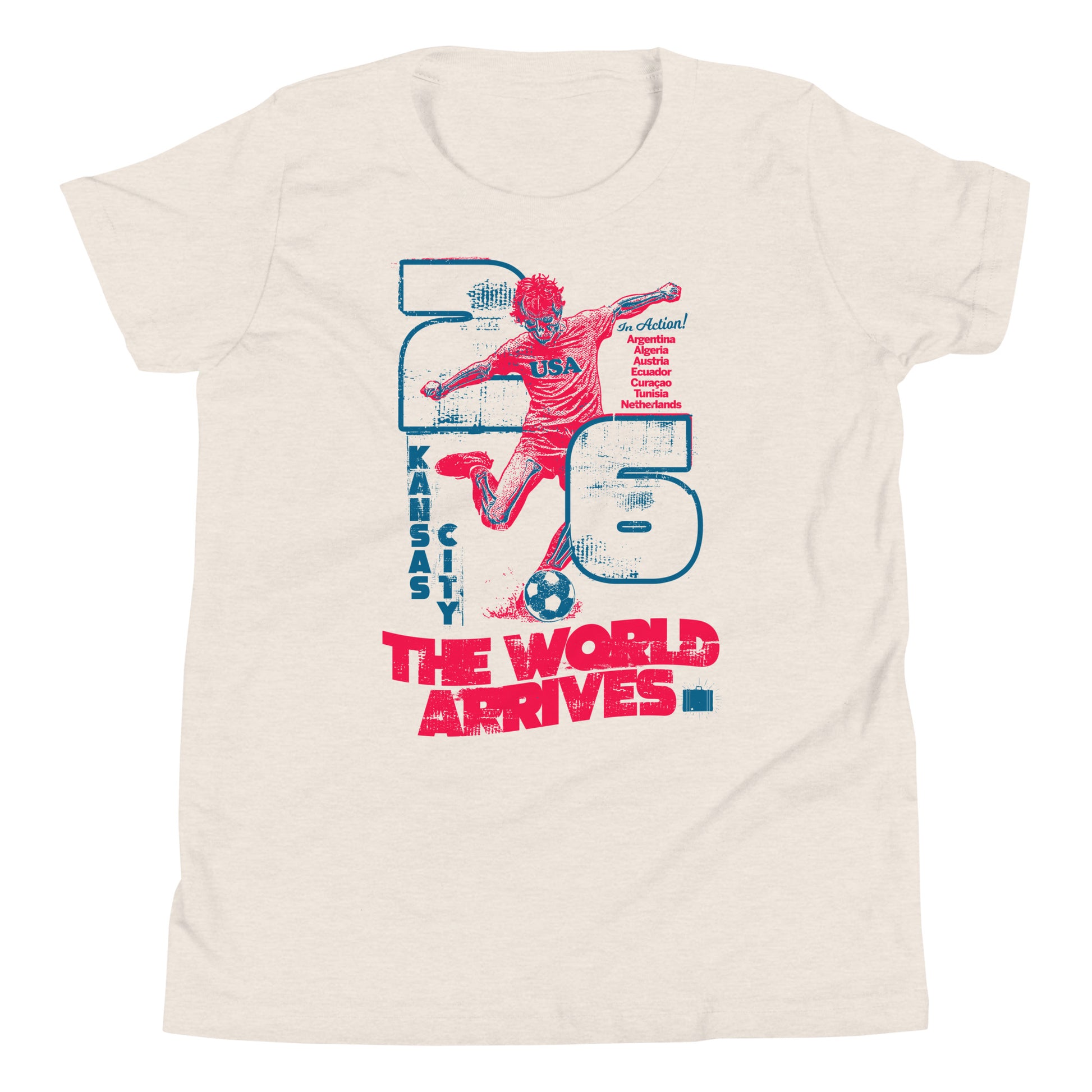 Youth-size Kansas City 2026 match shirt from SleepOver — The World Arrives design for kids.