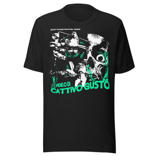 Black T-shirt featuring a distressed VHS-style horror collage with green and white graphics, skulls, gore, and the phrase “Video di Cattivo Gusto” in bold lettering.
