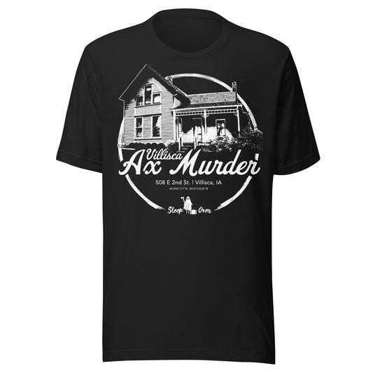 Black t-shirt with the Villisca Ax Murder House in Iowa, part of SleepOver Clothing’s haunted Hometown Haunts collection.