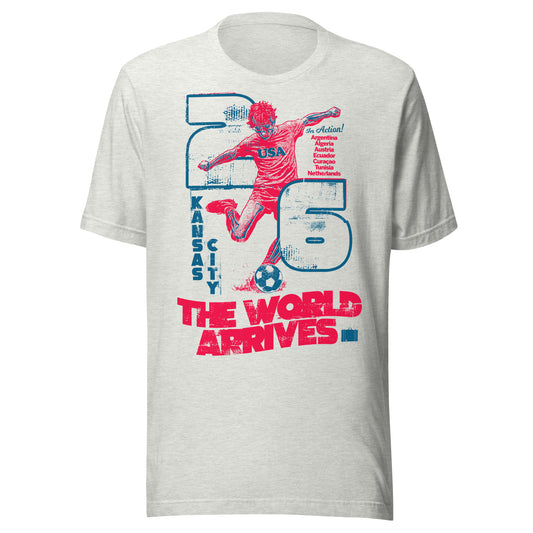 Commemorative Kansas City 2026 World Cup match shirt by SleepOver — The World Arrives design with global football energy.